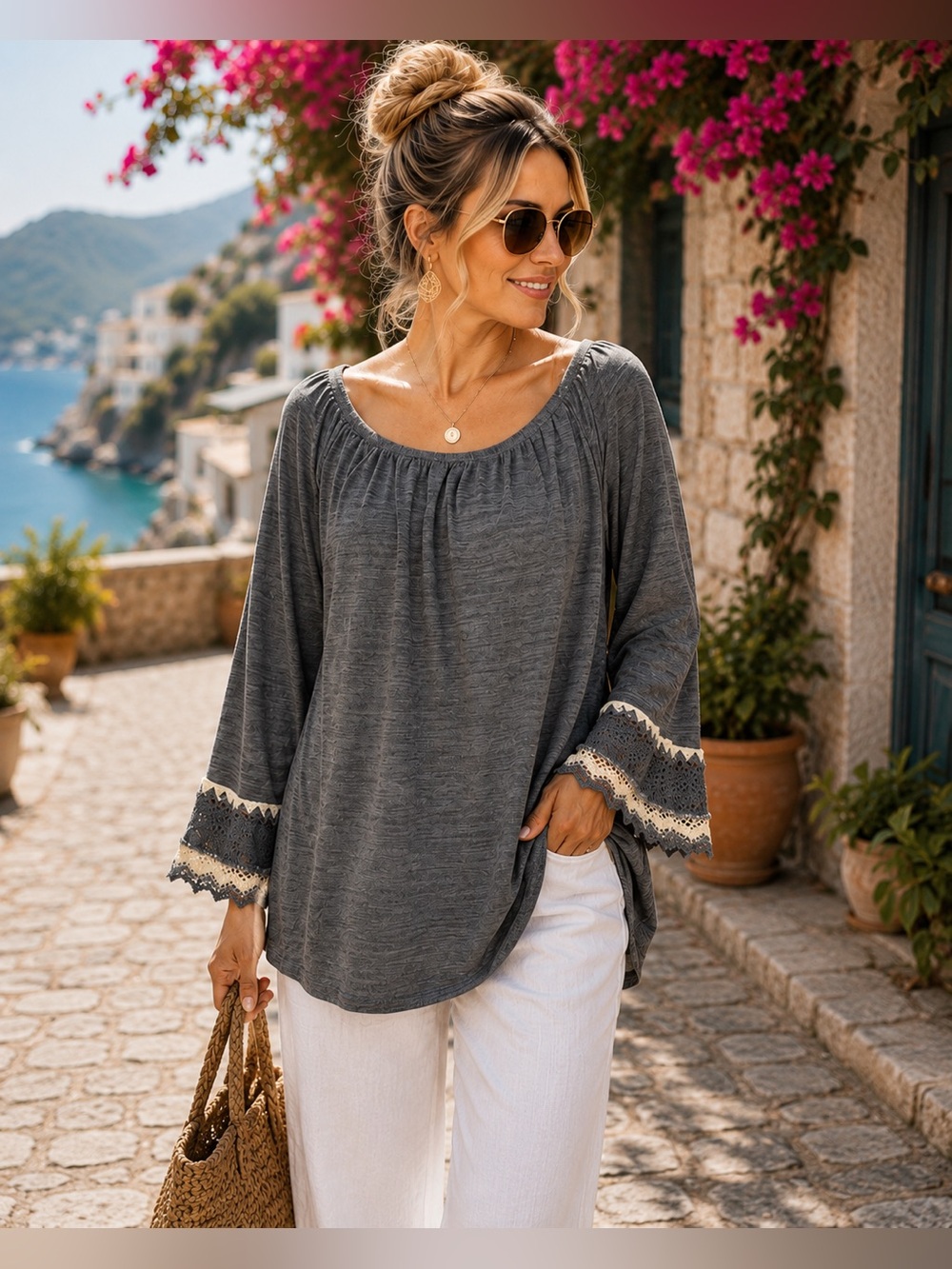WinWin Gray Crochet Bell Sleeve Tunic L/XL | Boho Knit Top